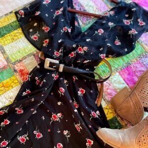 Pretty Black with Red Wild Flowers Sun Dress